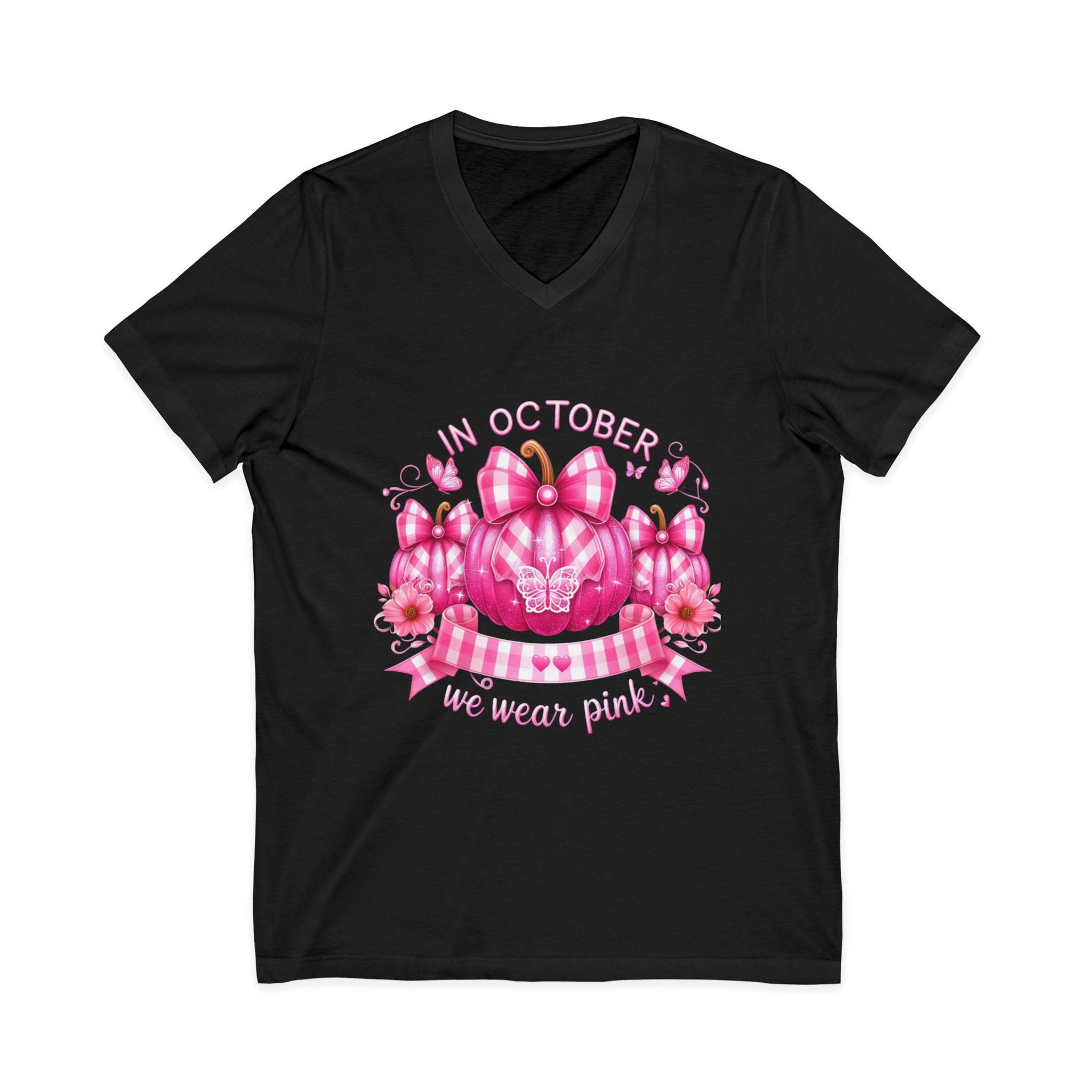 Black t-shirt with pink pumpkin and butterfly design on a white background