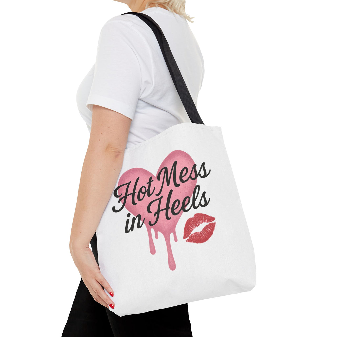 Hot Mess in Heels Tote Bag White | Bold Feminine Everyday Tote, Fun Sassy Gift for Her, Stylish Canvas Bag
