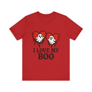 Red t-shirt with ghost and heart design and text 'I Love My Boo' on a white background