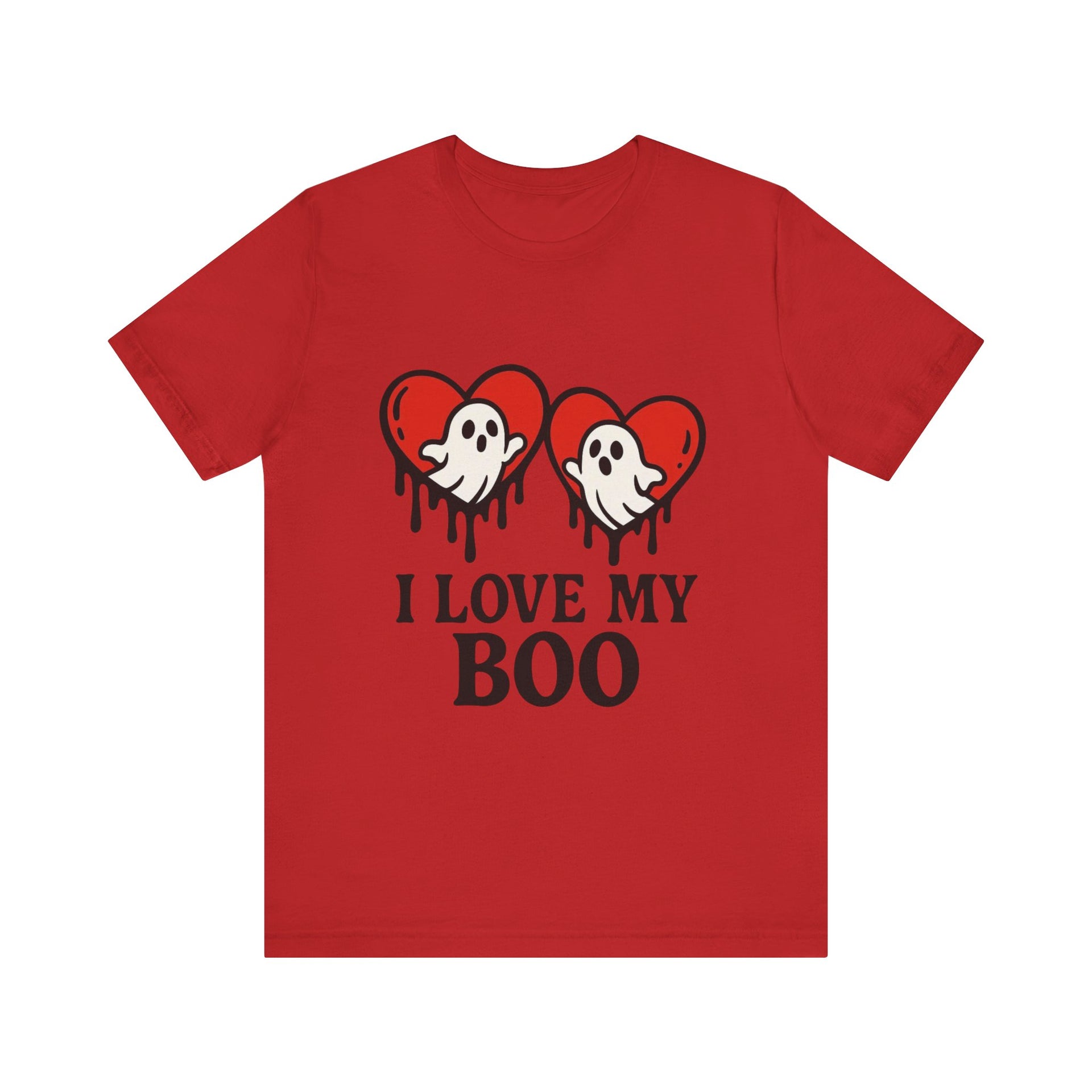 Red t-shirt with ghost and heart design and text 'I Love My Boo' on a white background