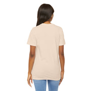Woman wearing a beige t-shirt on a white background