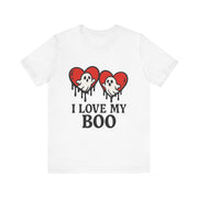 White t-shirt with ghost and heart design and text 'I Love My Boo' on a white background