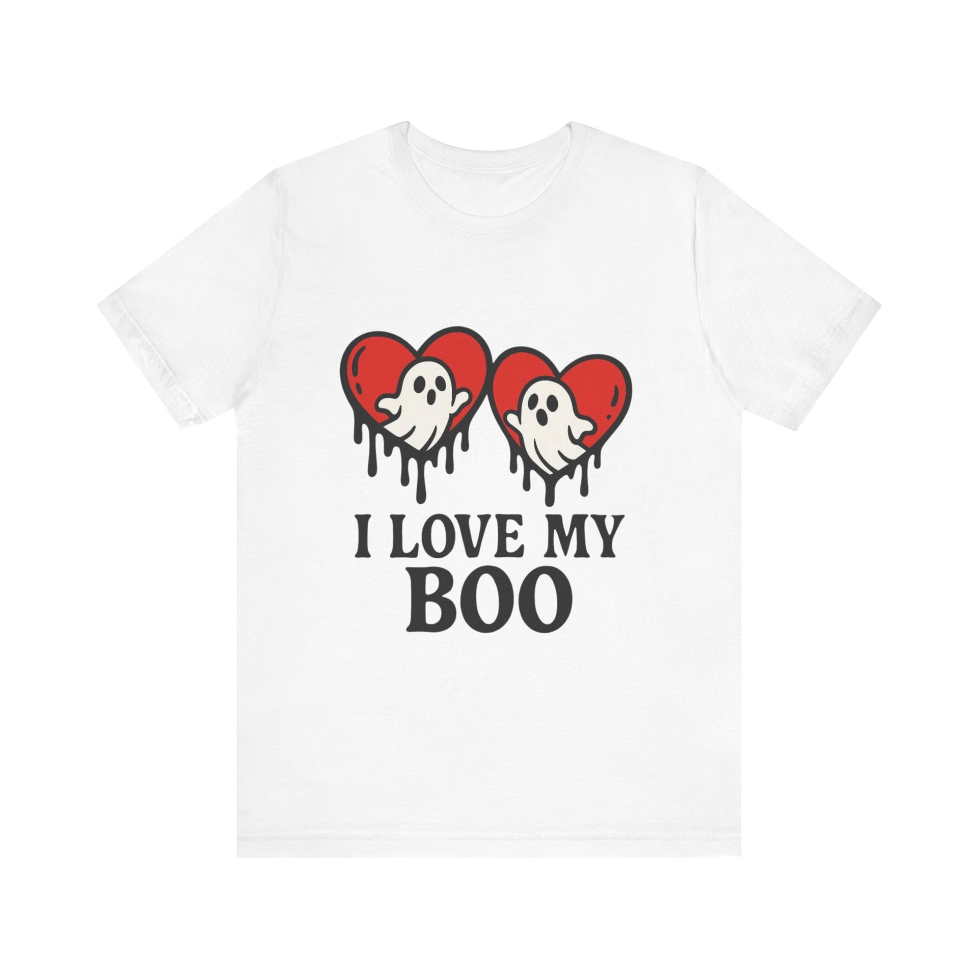 White t-shirt with ghost and heart design and text 'I Love My Boo' on a white background