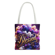 Tote bag with colorful cloud design and 'Blessed' text on a white background