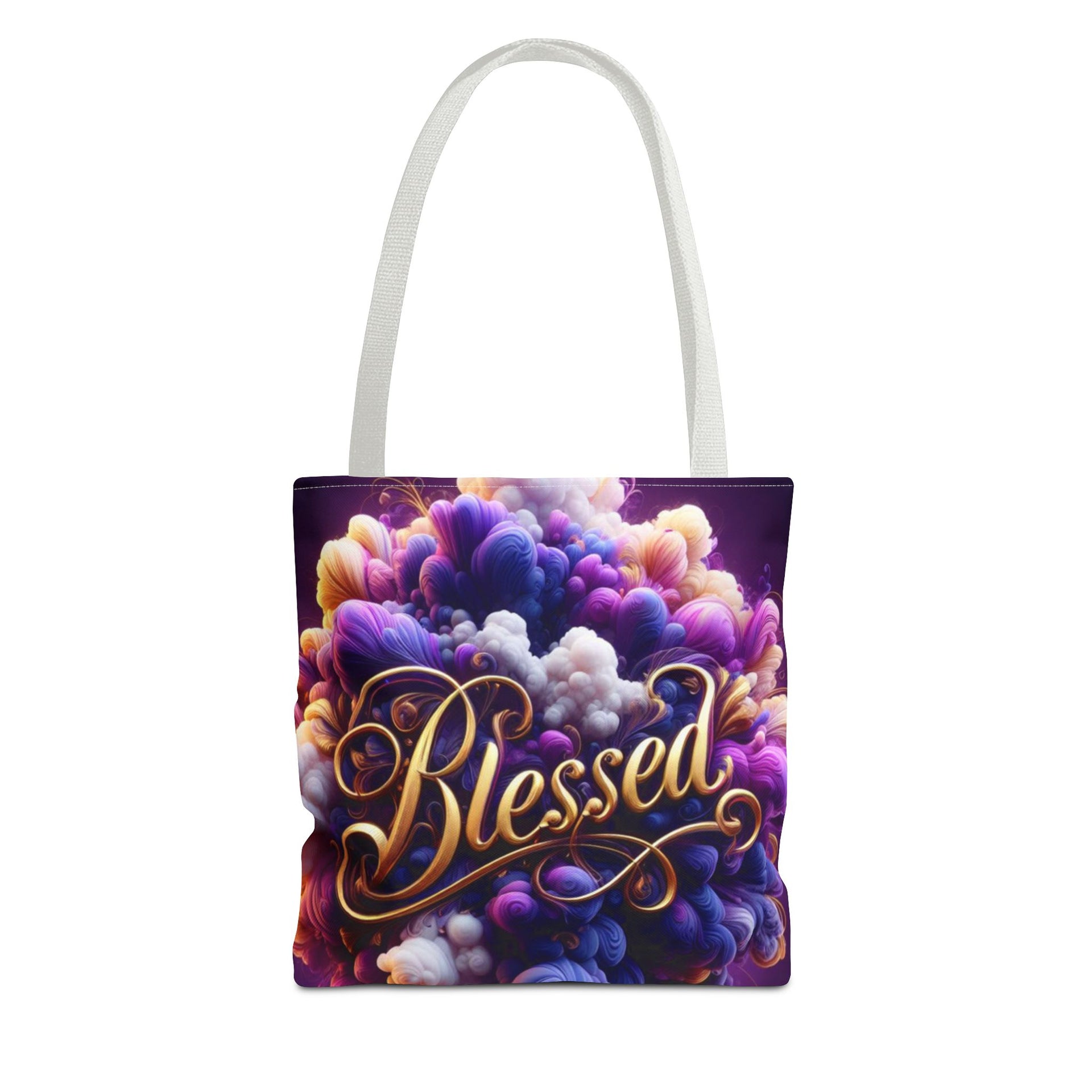 Tote bag with colorful cloud design and 'Blessed' text on a white background