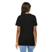 Person wearing a black t-shirt on a white background