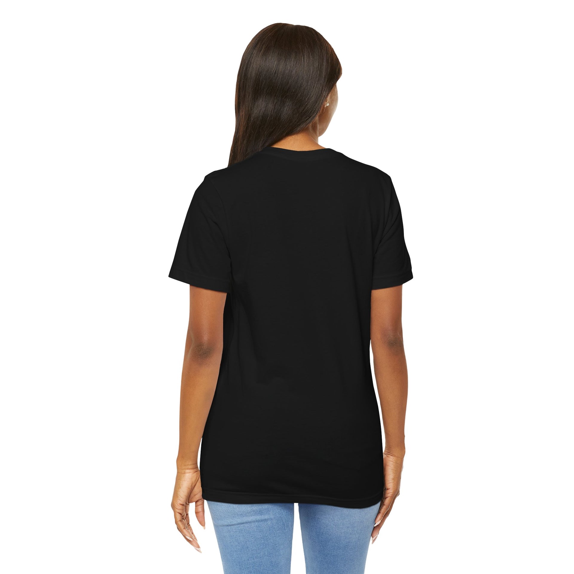 Person wearing a black t-shirt on a white background