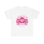 White t-shirt with pink pumpkin and bow design on a white background