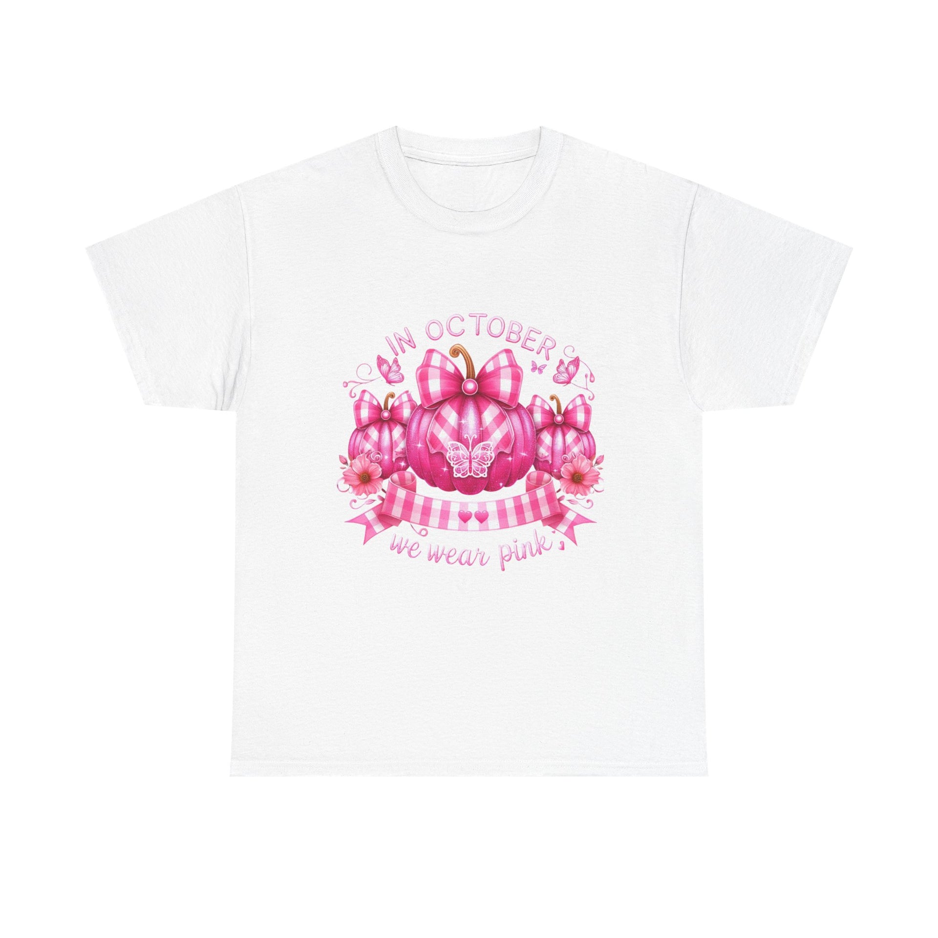 White t-shirt with pink pumpkin and bow design on a white background