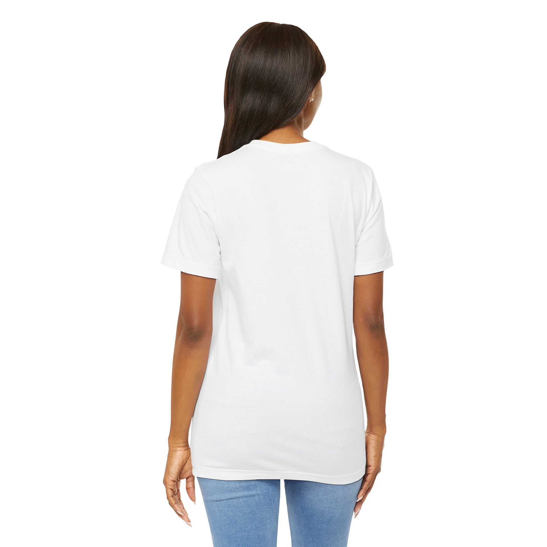 Person wearing a plain white t-shirt on a white background