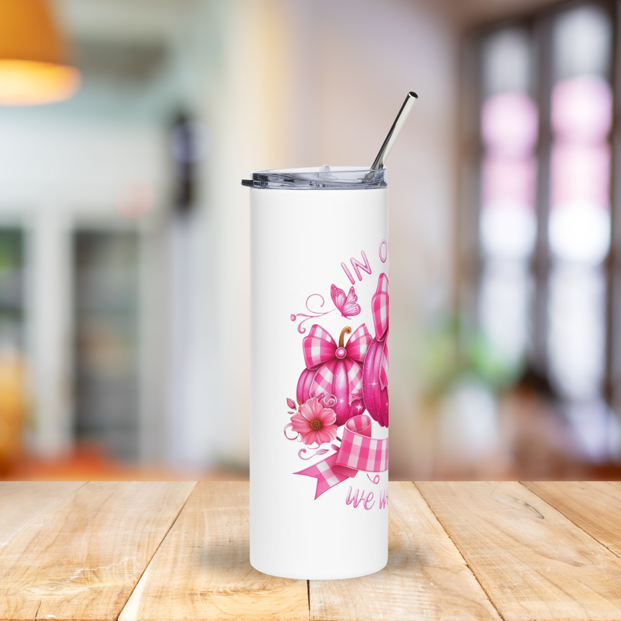 Pink awareness tumbler side view showing vibrant glossy print