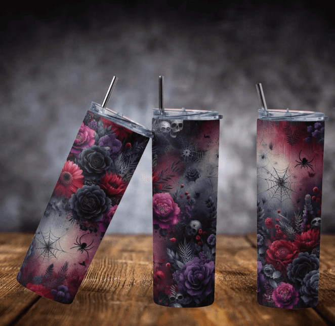Gothic Floral Spiderweb Tumbler | 20oz Stainless Steel Cup with Dark Roses & Skull Accents