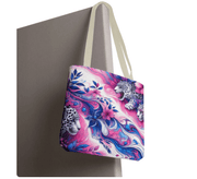 Colorful tote bag with floral and animal pattern on a gray background