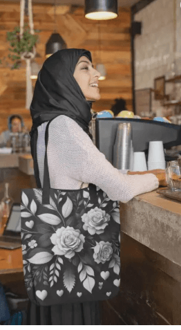 Woman wearing a black hijab and floral tote bag in a cafe setting