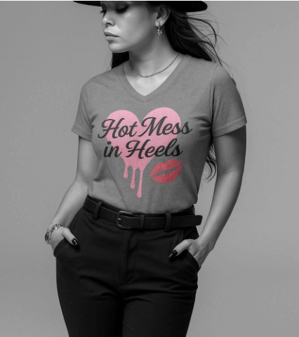 Woman wearing a gray t-shirt with pink heart and text design on a plain background