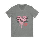 Gray t-shirt with 'Hot Mess in Heels' text and pink heart design on a white background