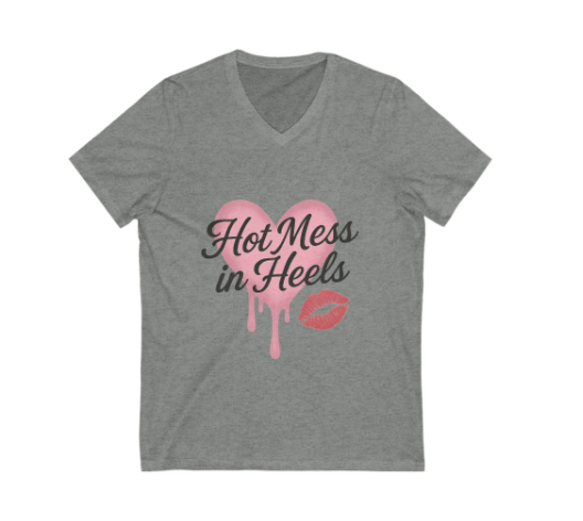 Gray t-shirt with 'Hot Mess in Heels' text and pink heart design on a white background