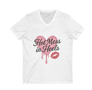White t-shirt with 'Hot Mess in Heels' text and heart design on a white background