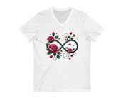 White t-shirt with an infinity symbol and roses design on a white background