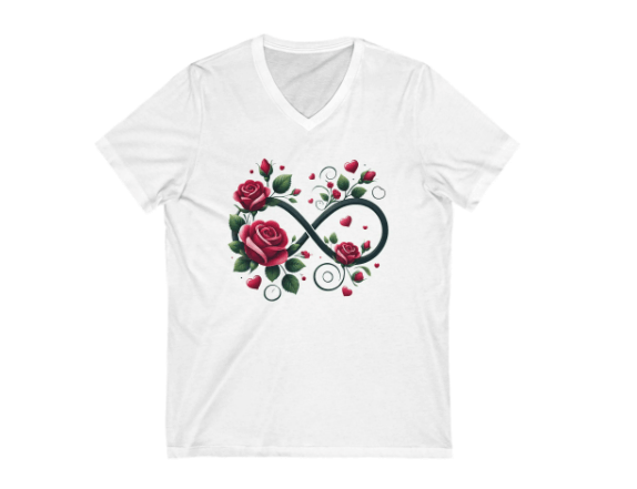 White t-shirt with an infinity symbol and roses design on a white background