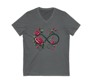 Gray t-shirt with a design of roses and an infinity symbol on a white background