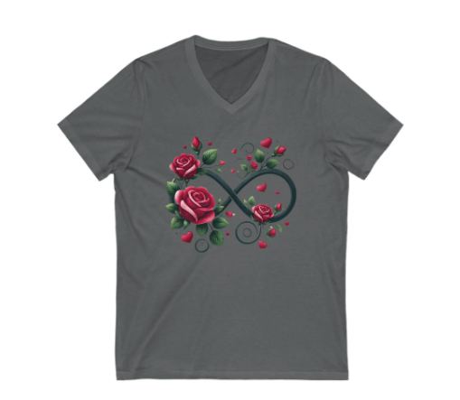 Gray t-shirt with a design of roses and an infinity symbol on a white background