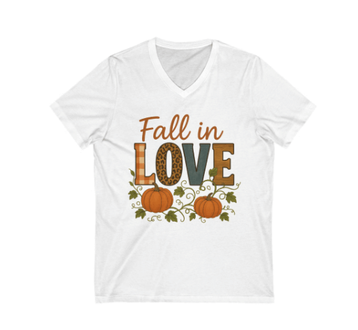 White t-shirt with 'Fall in Love' text and pumpkins on a white background