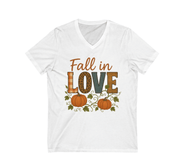White t-shirt with 'Fall in Love' text and pumpkins on a white background