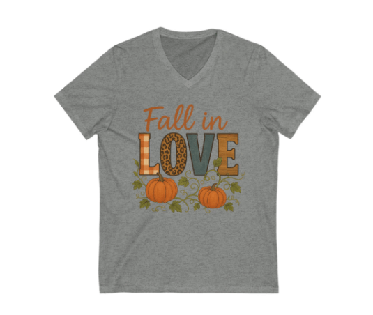 Gray t-shirt with 'Fall in Love' text and pumpkins on a white background