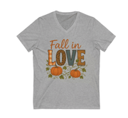 Gray t-shirt with 'Fall in Love' text and pumpkins on a white background
