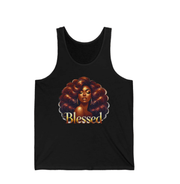 Black tank top with a graphic of a woman with styled hair and the word 'Blessed' on a white background.