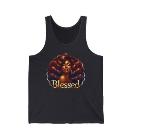 Black tank top with a graphic of a woman with styled hair and the word 'Blessed' on a white background.