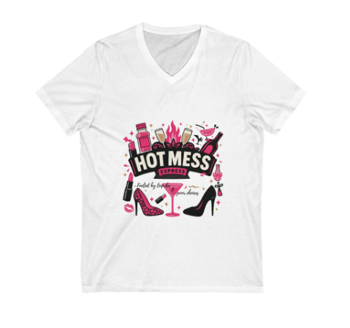 White t-shirt with 'Hot Mess' graphic design featuring bottles, a martini glass, and high heels on a white background.