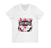 White t-shirt with 'Hot Mess' graphic design featuring bottles, a martini glass, and high heels on a white background.