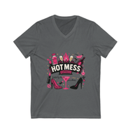 Gray V-neck t-shirt with 'Hot Mess' graphic design on a white background