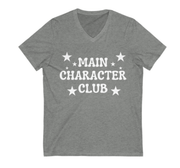 Gray t-shirt with 'Main Character Club' text and stars on a white background