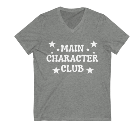 Gray t-shirt with 'Main Character Club' text and stars on a white background