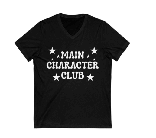 Black t-shirt with 'MAIN CHARACTER CLUB' text and stars on a white background