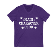 Purple t-shirt with 'Main Character Club' text and stars on a white background