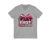Gray t-shirt with pink text and bow graphic on a white background