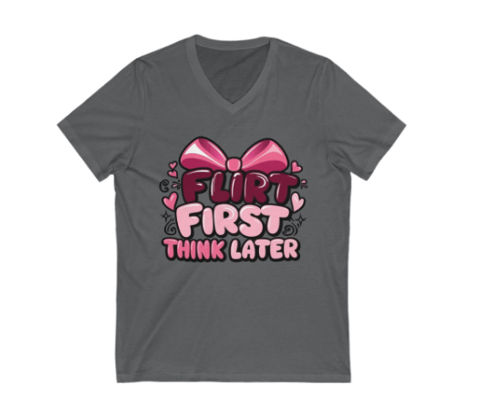 Gray t-shirt with pink bow and text design on a white background