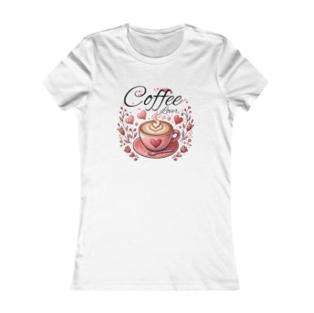 White t-shirt with a coffee-themed design on a white background