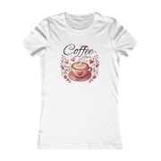 White t-shirt with a coffee-themed design on a white background