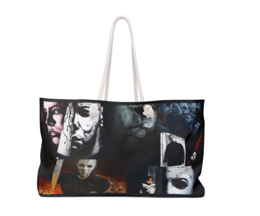 Tote bag with horror movie character design on a white background