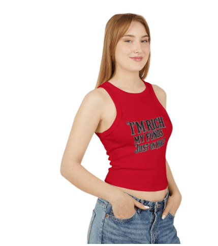 Woman wearing a red tank top with text on a white background