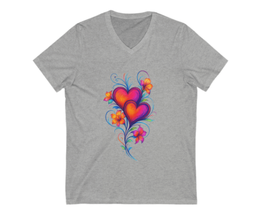 Gray t-shirt with colorful heart design on a white background