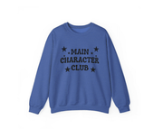 Blue sweatshirt with 'MAIN CHARACTER CLUB' text on a white background