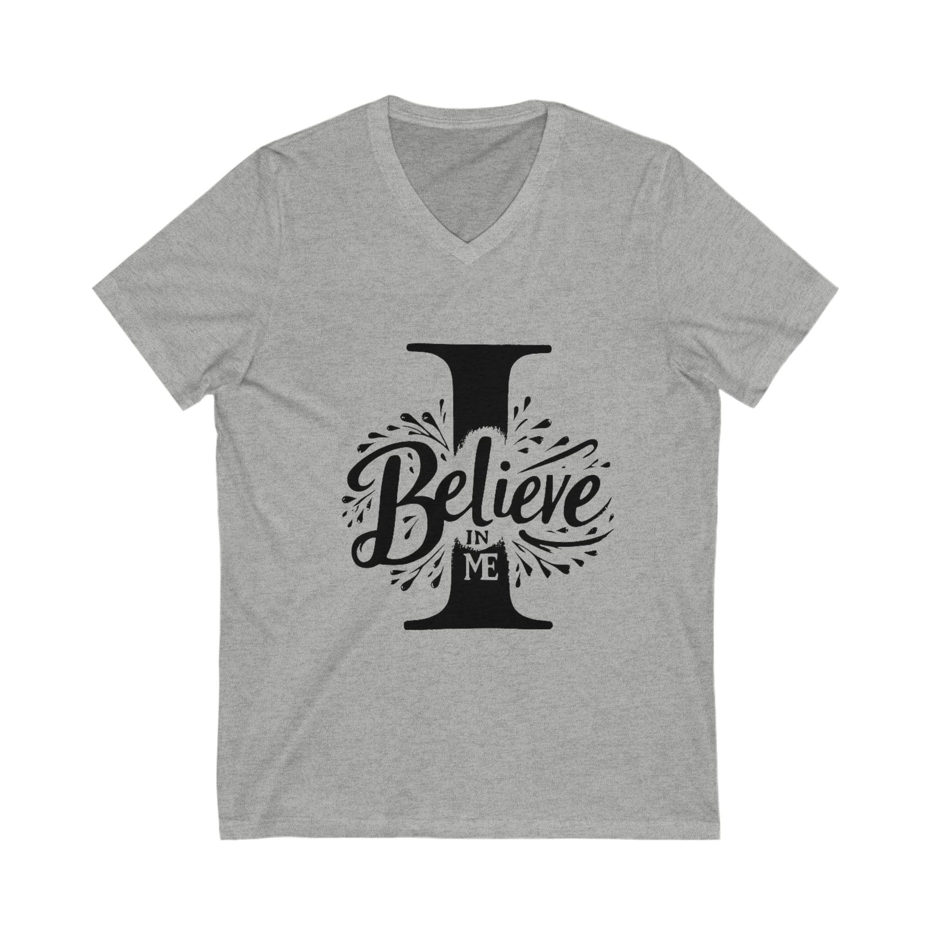 Gray t-shirt with 'I Believe In Me' text design on a white background