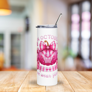 Back view of stainless steel awareness tumbler with straw and lid