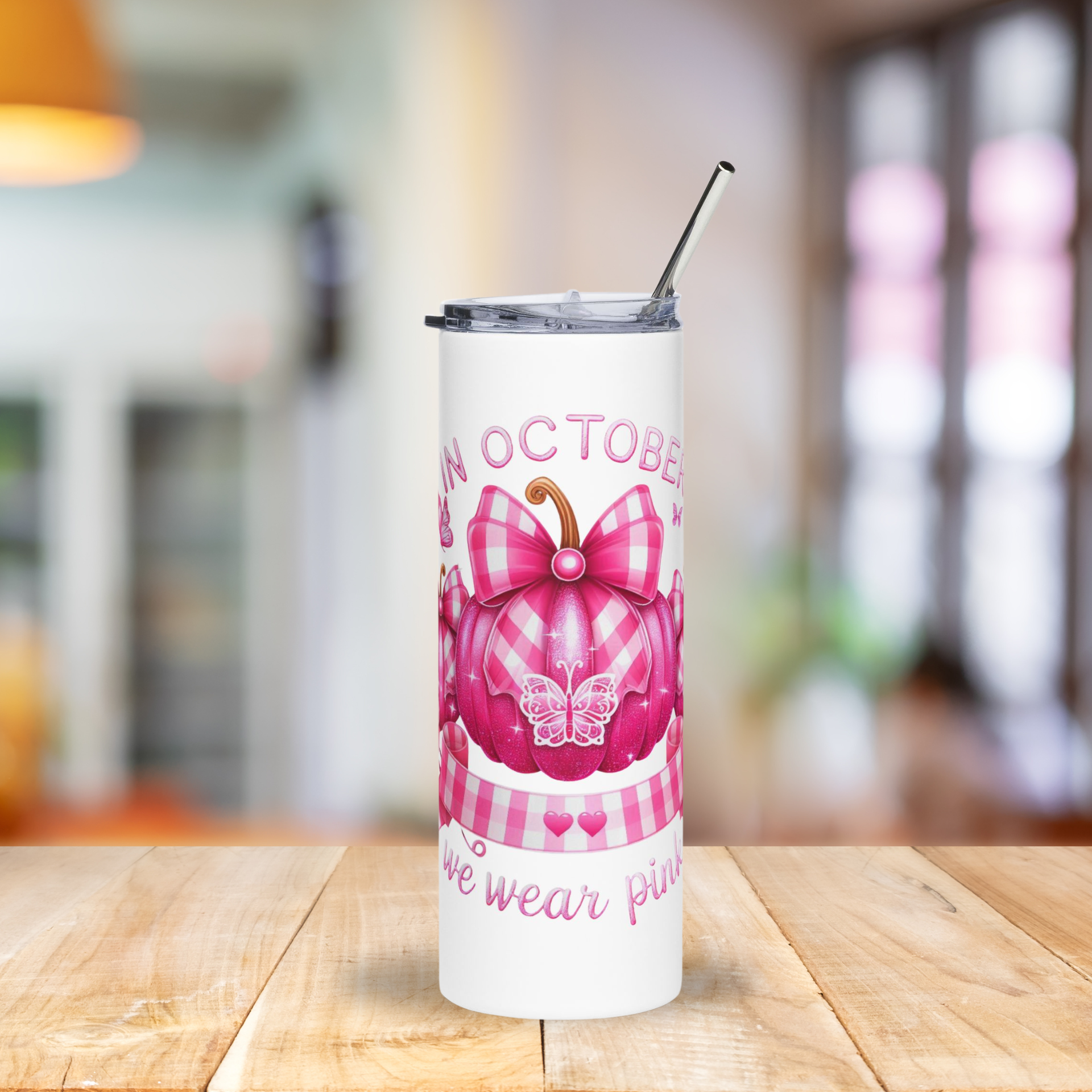 Back view of stainless steel awareness tumbler with straw and lid